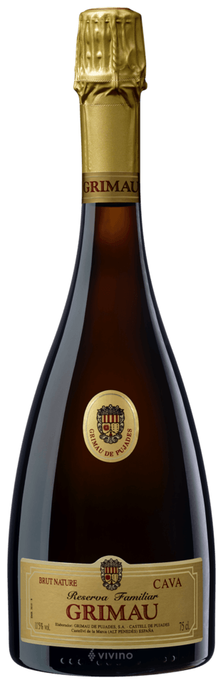 Donkerbruine fles Cava Grimau Reserva Familiar met goudkleurig etiket en hals, merknaam zichtbaar