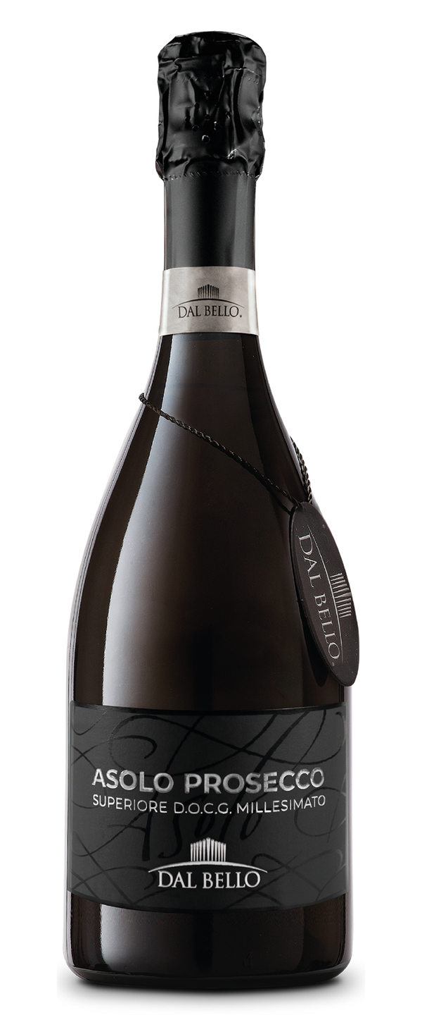 Fles Asolo Prosecco DOCG Brut Millesimato met zwart etiket, elegante uitstraling, merk zichtbaar, 75 CL fles