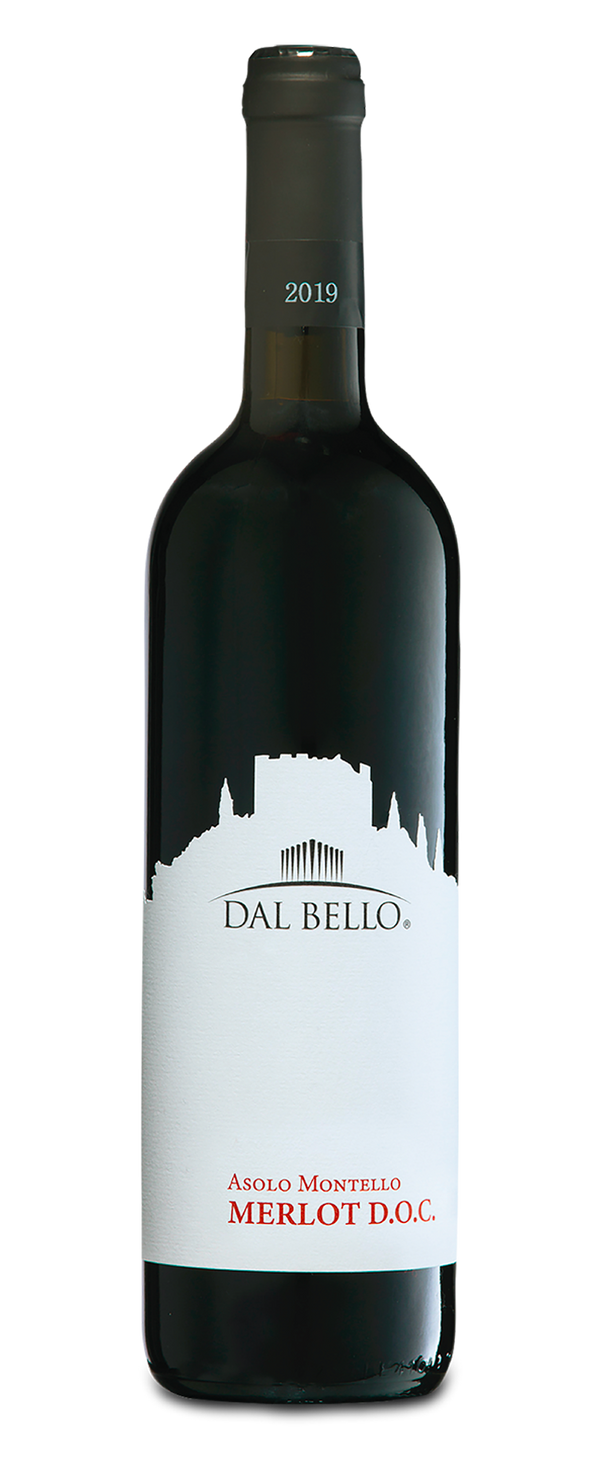 Rode Merlot DOC Asolo Montello fles met wit etiket en zwarte dop, merk Dal Bello zichtbaar