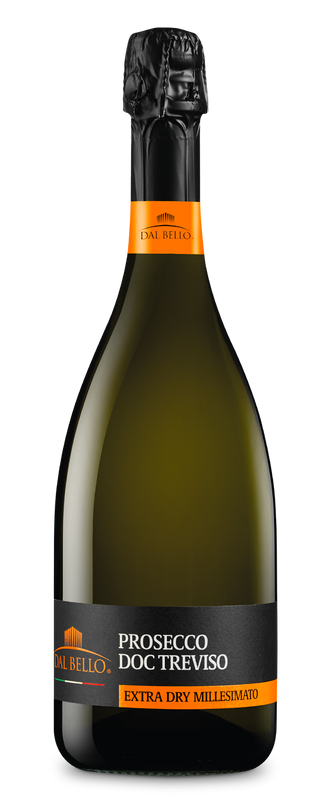 Dal Bello Prosecco DOC Treviso fles, zwart oranje etiket, extra dry millesimato, 75 cl