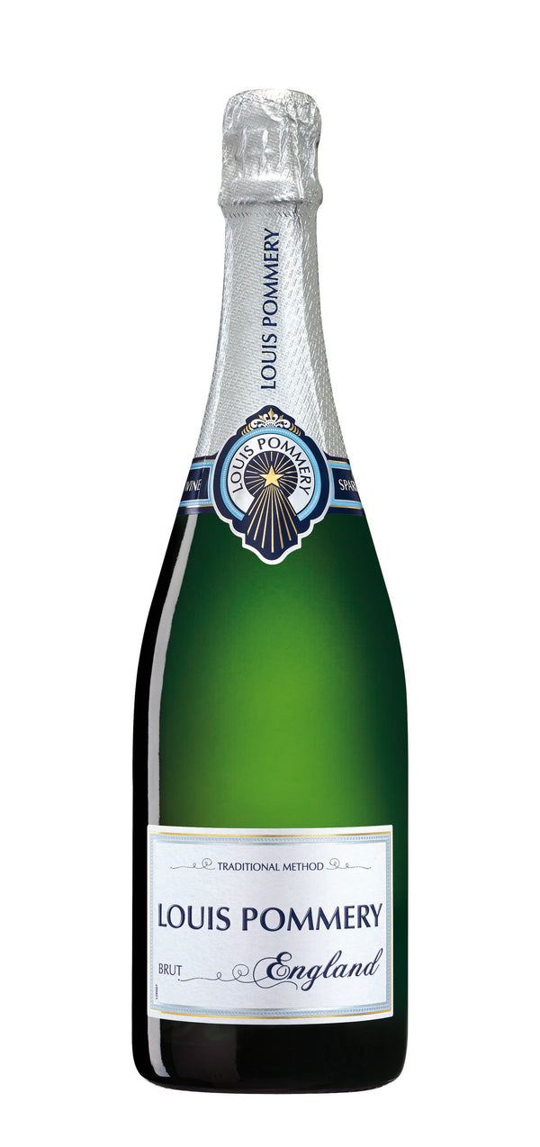Fles Louis Pommery England champagne met wit en blauw etiket, zilveren hals