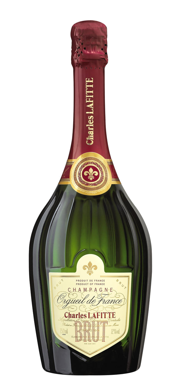 Charles Lafitte Orgueil De France champagne, groene fles, rood-gouden etiket, 75 CL, merknaam prominent in beeld