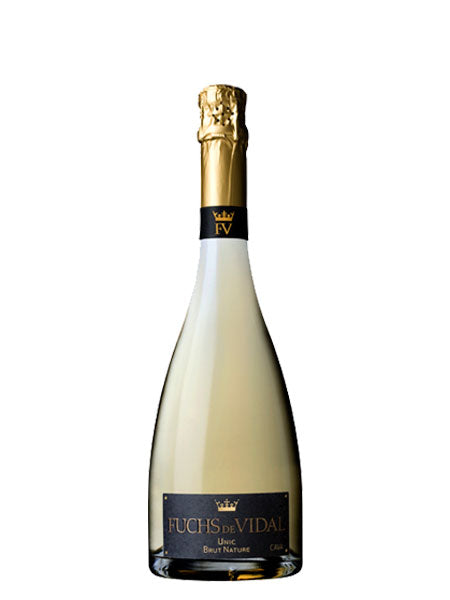 Fles Fuchs De Vidal UNIC Brut Nature cava, 75 CL, met goud etiket en kroon bovenop, slank ontwerp