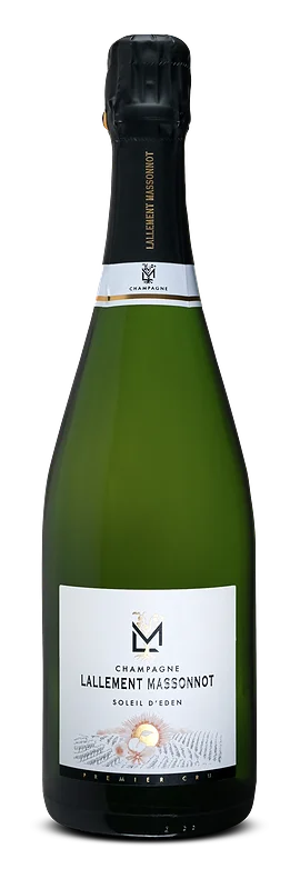 Lallement Massonnot Soleil D'eden champagnefles, groen glas, wit etiket met gouden details