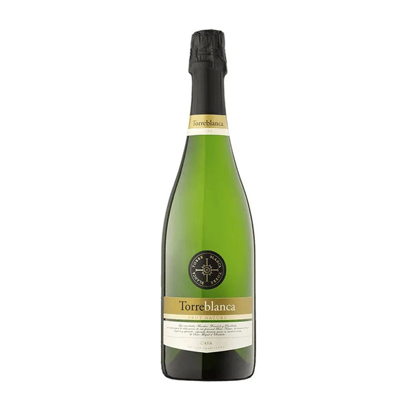 Groene fles Cava Torreblanca Brut Nature met beige etiket, zwarte dop, 75 cl