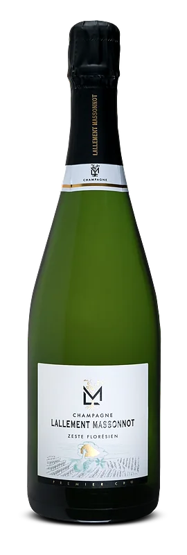 Fles Lallement Massonnot Zeste Floreisen champagne, 75 CL, met wit etiket en zwarte capsule
