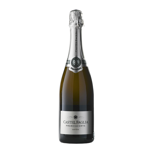 Franciacorta Saten Castel Faglia fles, wit etiket, zilveren folie, volledig beeld, merk bubbel-specialist zichtbaar.