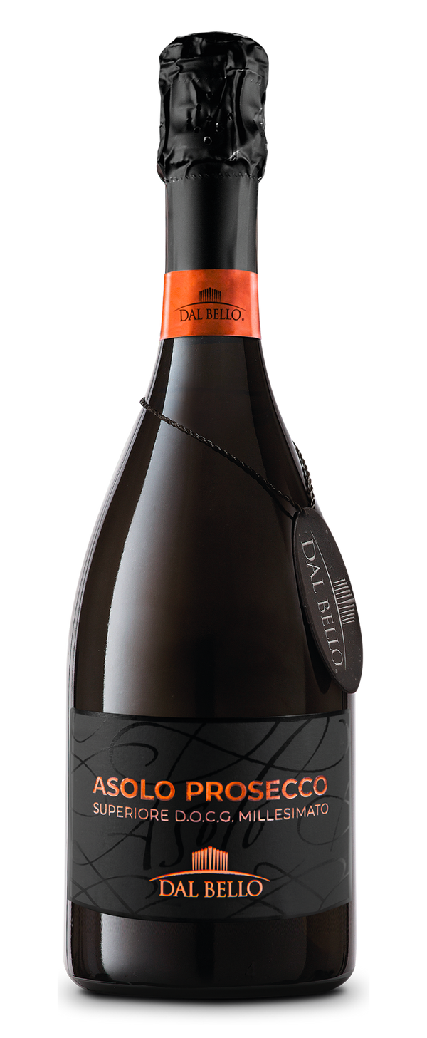 Fles Asolo Prosecco DOCG Extra Dry 75 cl, zwart etiket met oranje tekst, zwarte capsule en oranje rand