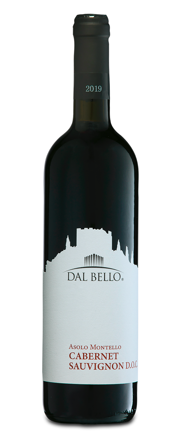 Fles Cabernet Sauvignon DOC Asolo Montello, merk Dal Bello, met wit etiket en jaartal 2019, 75 cl formaat