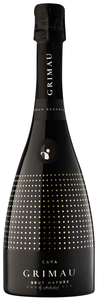 Cava Grimau Gran Reserva fles, zwarte kleur met gouden stippen en zichtbaar etiket, 75 CL