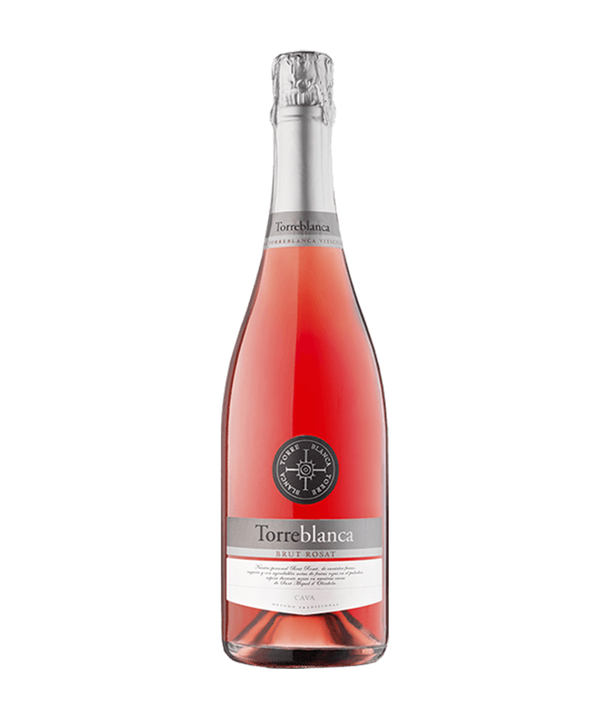 Fles Torreblanca Brut Rosé cava, roze tint, zilveren folie, wit en zilver etiket, 75 cl