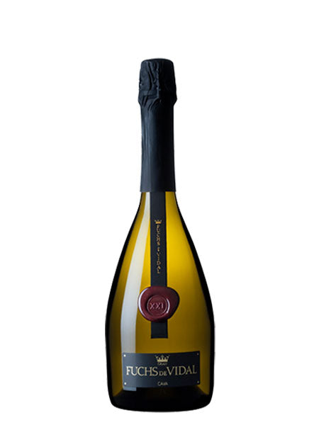 Fles Fuchs de Vidal Gran Brut Nature cava, zwarte capsule, zwart etiket met gouden letters
