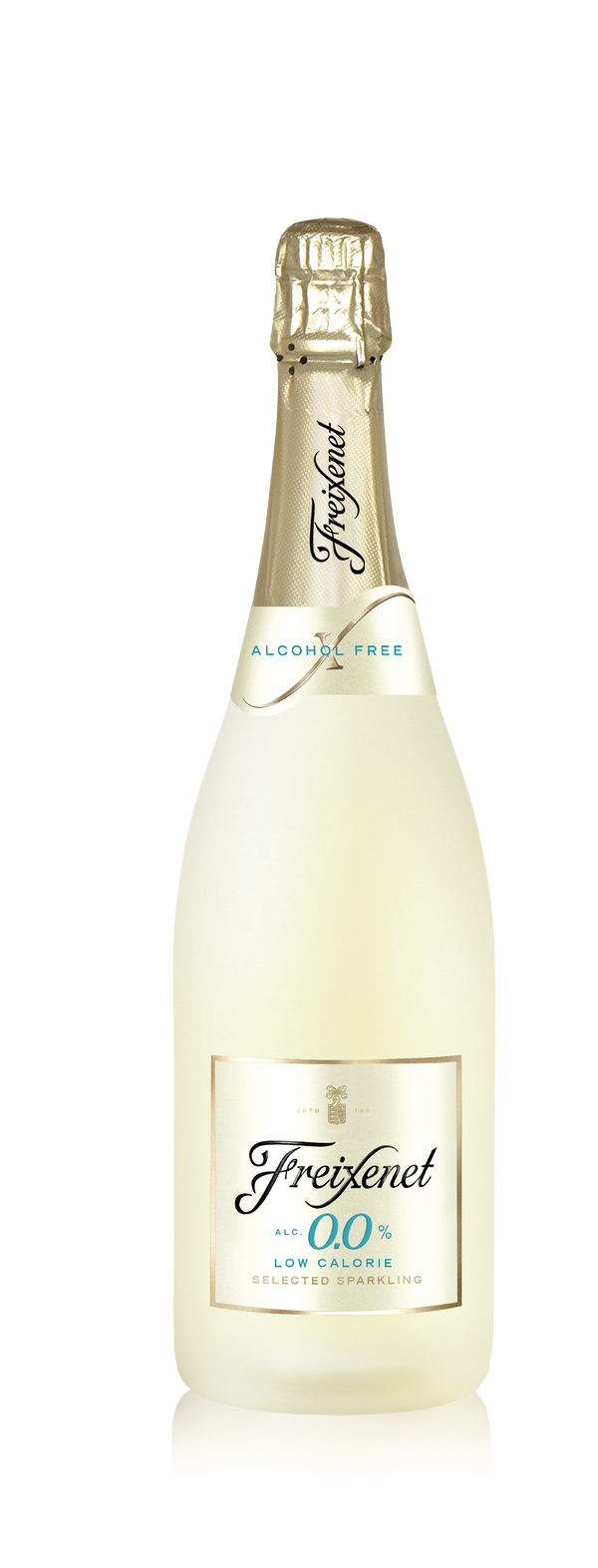 Freixenet Brut 0.0 fles, 75 CL, licht gouden kleur, wit etiket met blauwe en zwarte tekst