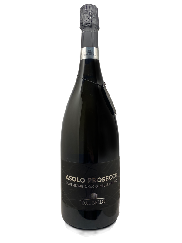 Asolo Prosecco DOCG Brut Millesimato Magnum 150 CL met zwart etiket en glanzende zilveren capsule