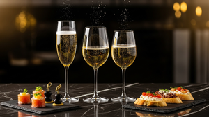 Drie glazen bubbels met hapjes voor De Ultieme Bubbel Proeverij